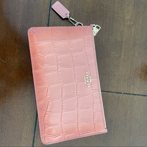 Pink Coach Double Zipper Crocodile Embossed Leather Wallet